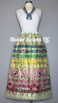 Sage Green Emb. Floral Long Overlay Satin Ribbon Skirt