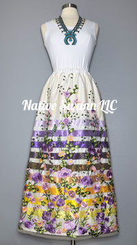 Lavender Emb. Floral Long Overlay Satin Ribbon Skirt