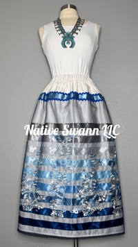Blues Emb. Floral Long Overlay Satin Ribbon Skirt w/ Pockets