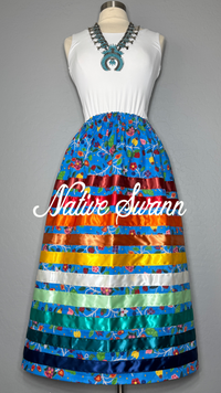 Blue Beaded Floral Design Cotton Ribbon Skirt