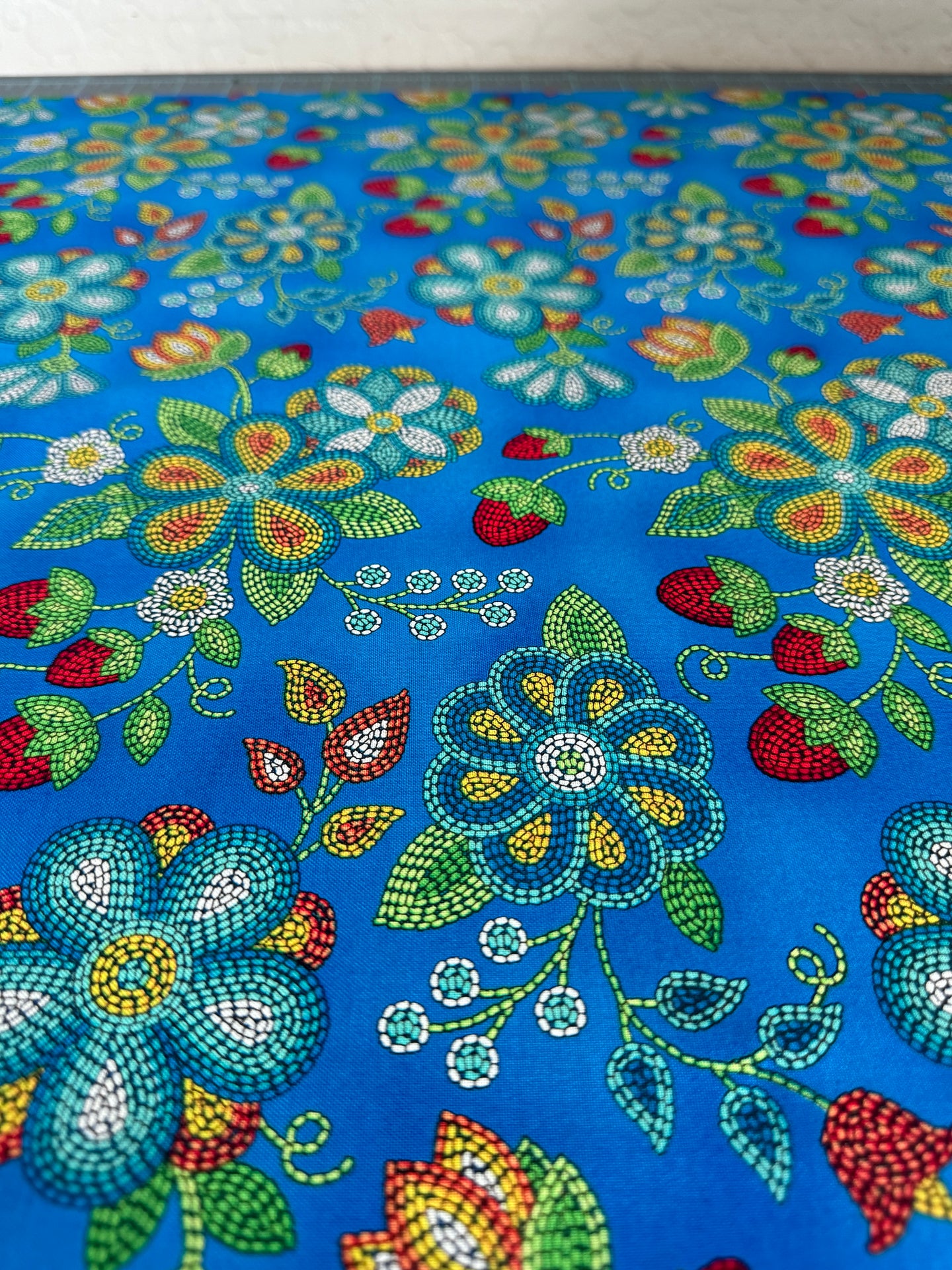 Royal Blue Beaded Strawberry Cotton Fabric