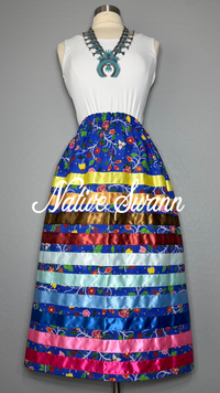 Royal Blue Beaded Floral Cotton Ribbon Skirt
