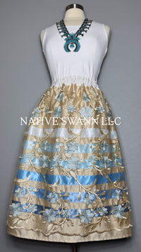Beige Emb. Floral Overlay Satin Ribbon Skirt