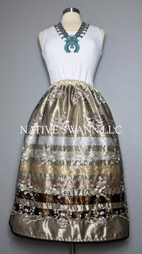 Beige Floral Overlay Satin Ribbon Skirt