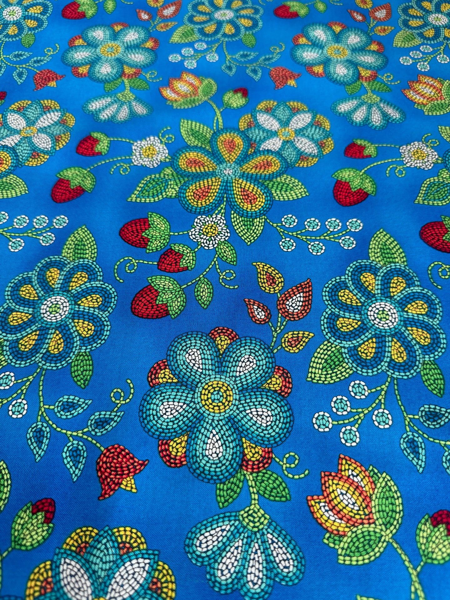 Royal Blue Beaded Strawberry Cotton Fabric