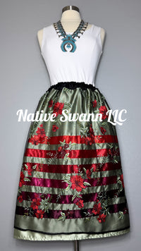 Sage Green + Red Emb. Floral Overlay Satin Ribbon Skirt