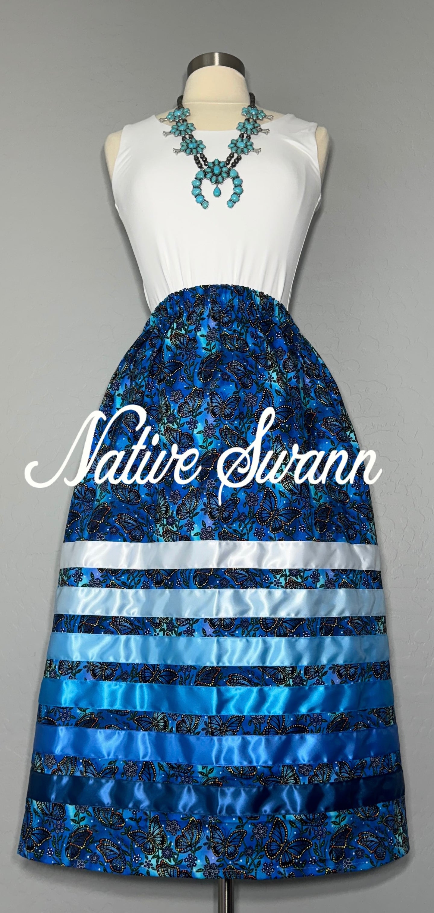Blue Butterflies Indigenous Cotton Ribbon Skirt
