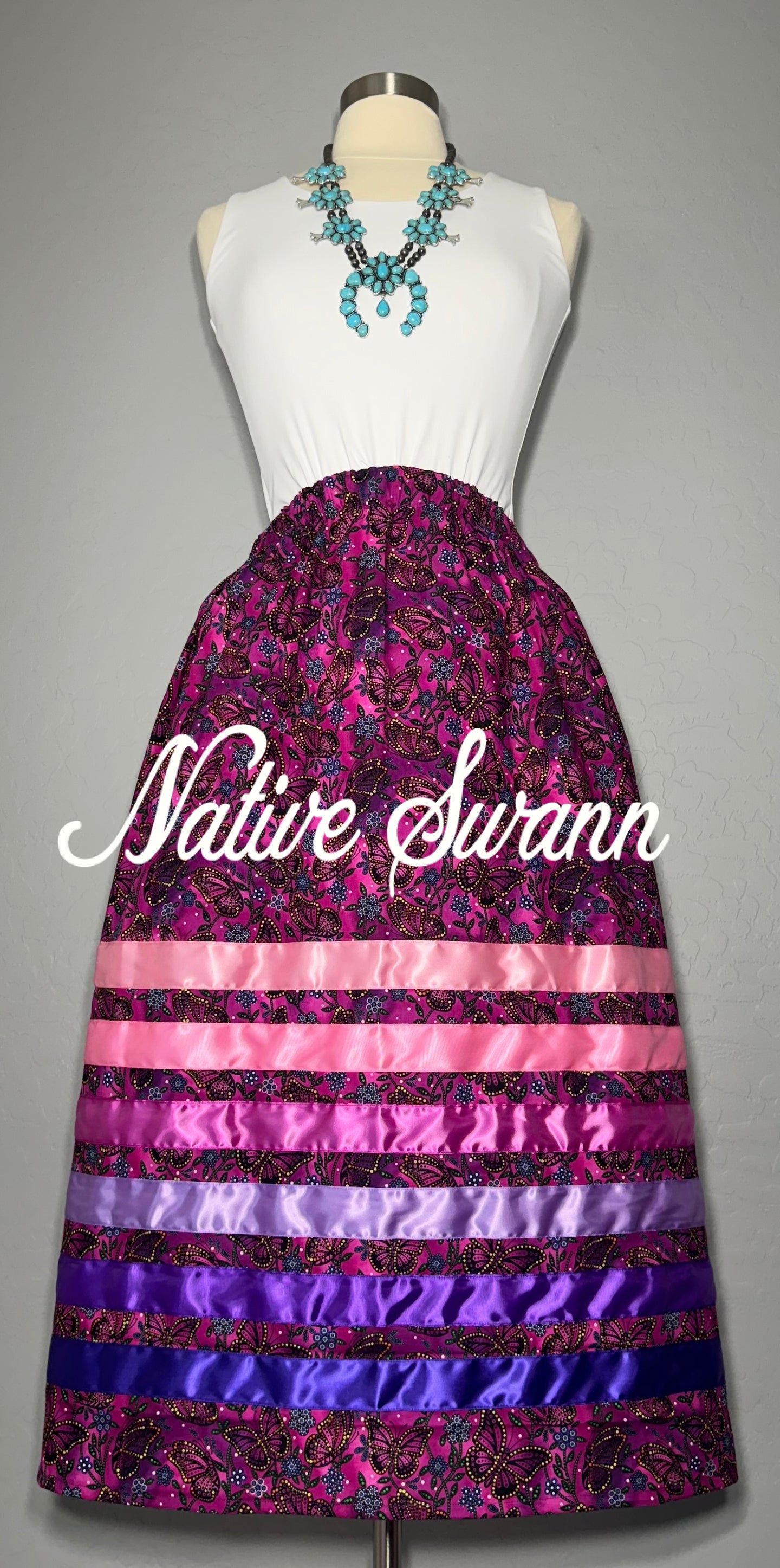 Pink-Purple Butterfly Indigenous Cotton Ribbon Skirt
