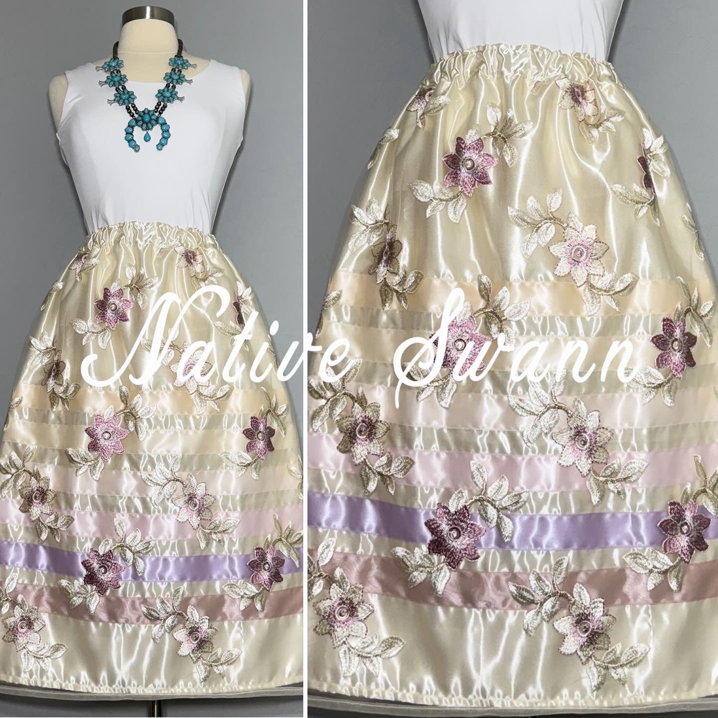 Lavender Floral Overlay Satin Ribbon Skirt