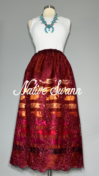 Burgundy Long Overlay Satin Ribbon Skirt