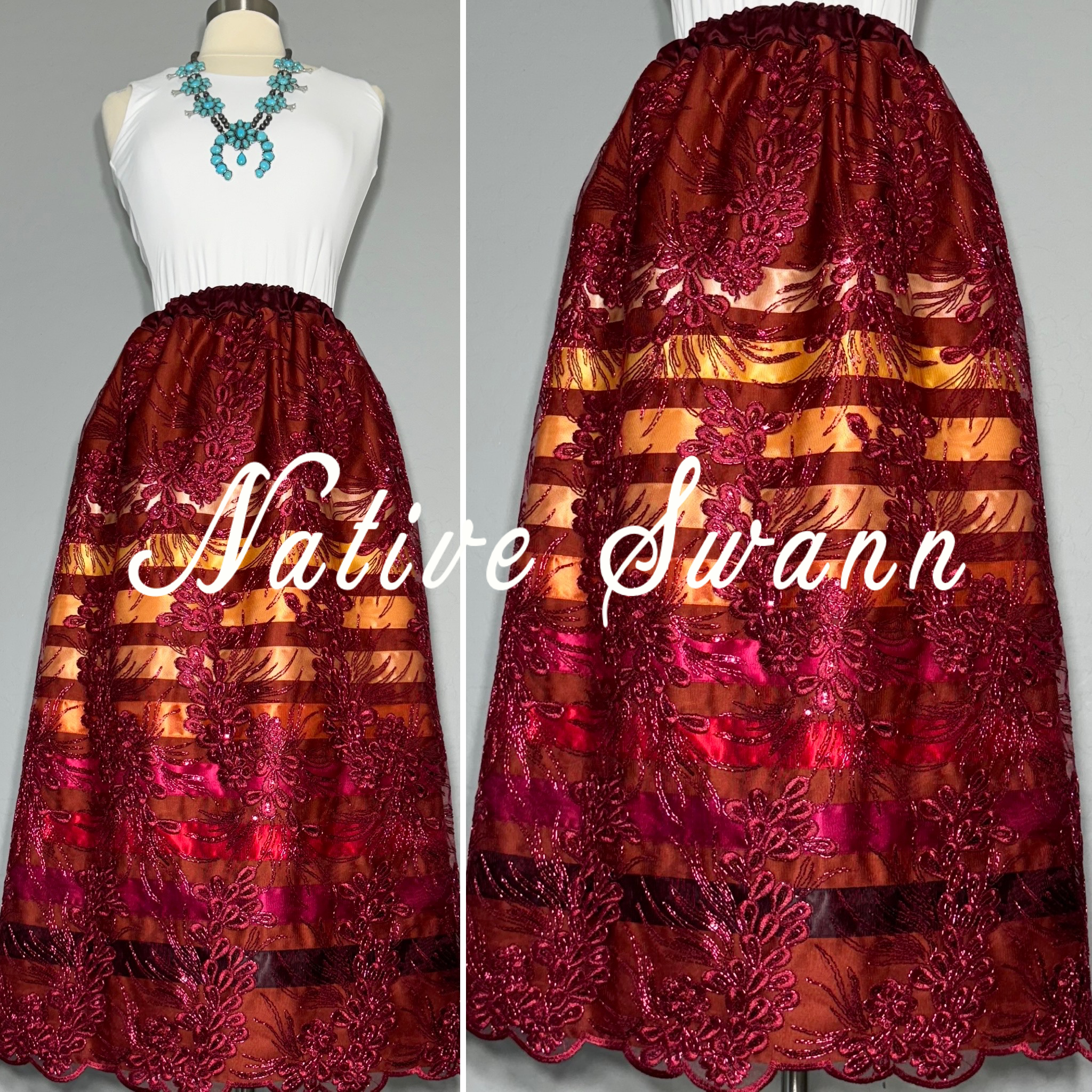 Burgundy Long Overlay Satin Ribbon Skirt