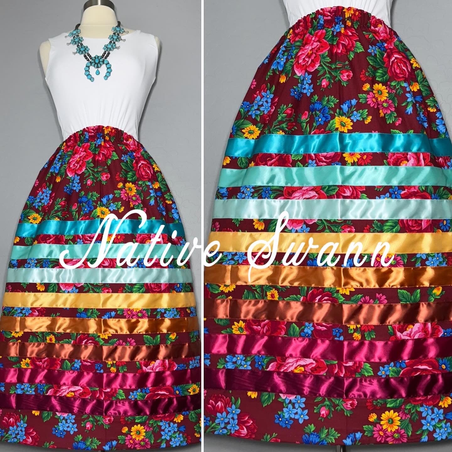 Burgundy Kokum Floral Cotton Ribbon Skirt