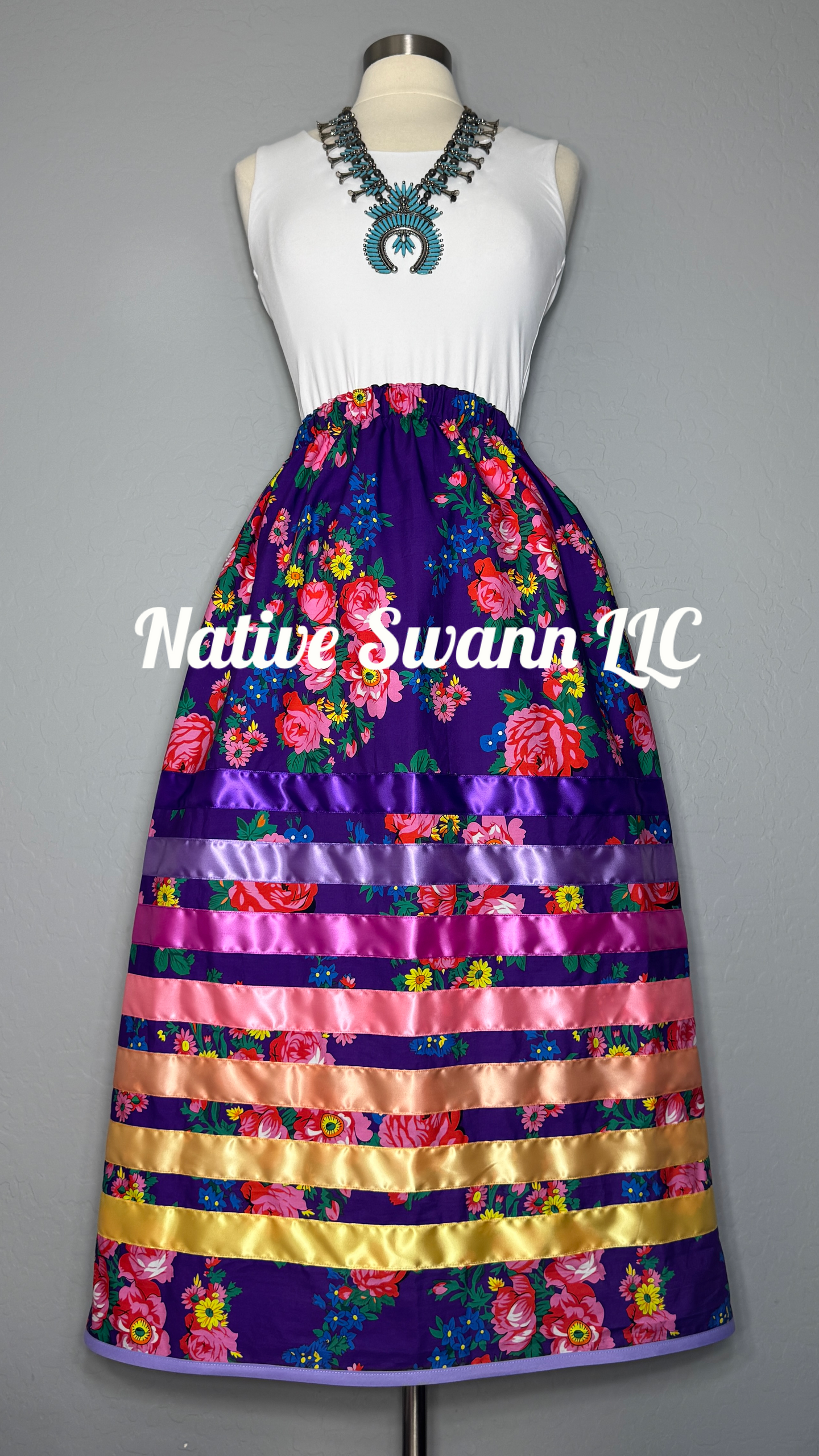 Purple Floral Cotton Ribbon Skirt w/ Pockets