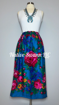 Turquoise Granny Floral Scarf Skirt w/ Pockets & Liner