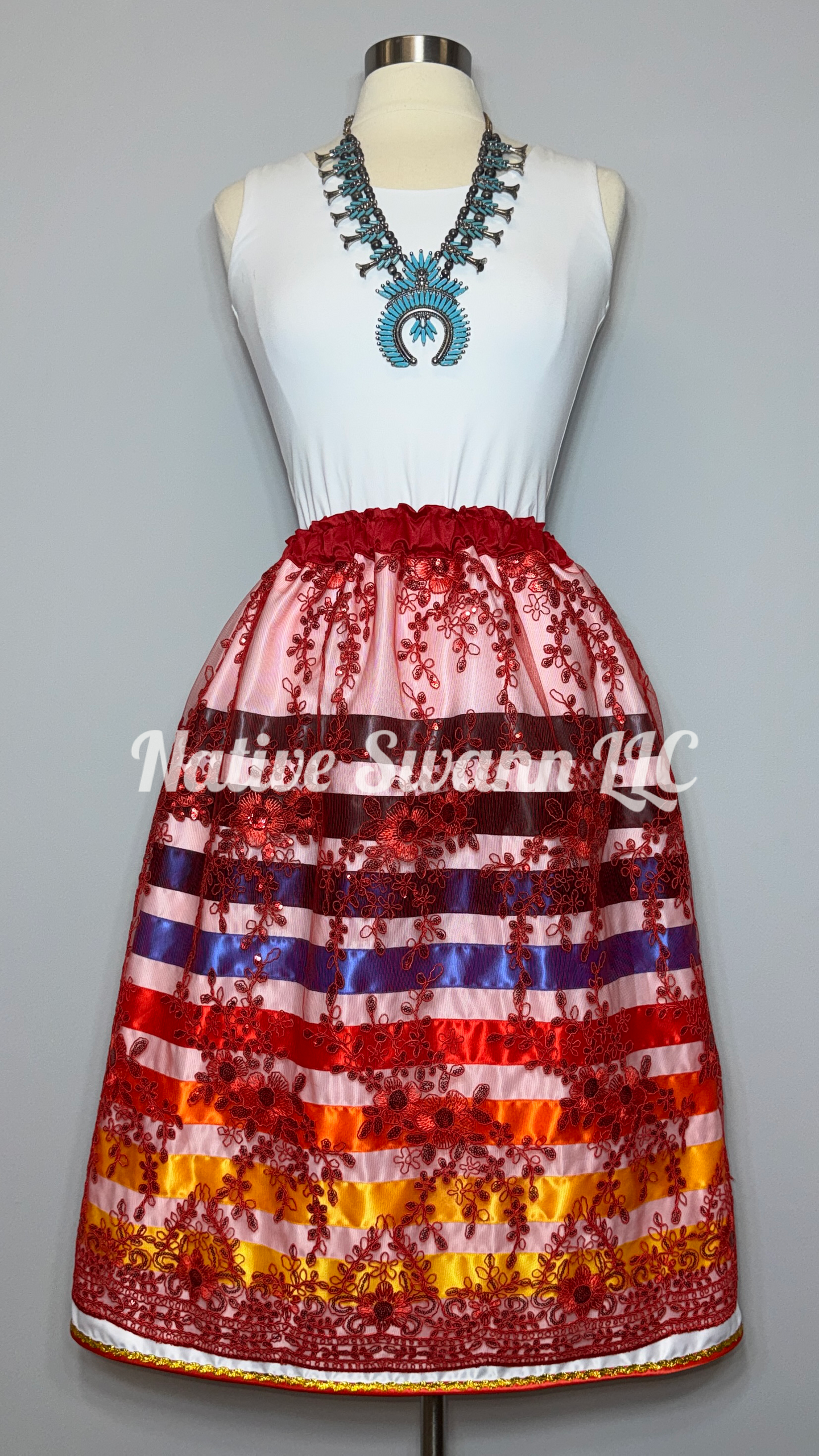 Red Floral Overlay Satin Ribbon Skirt