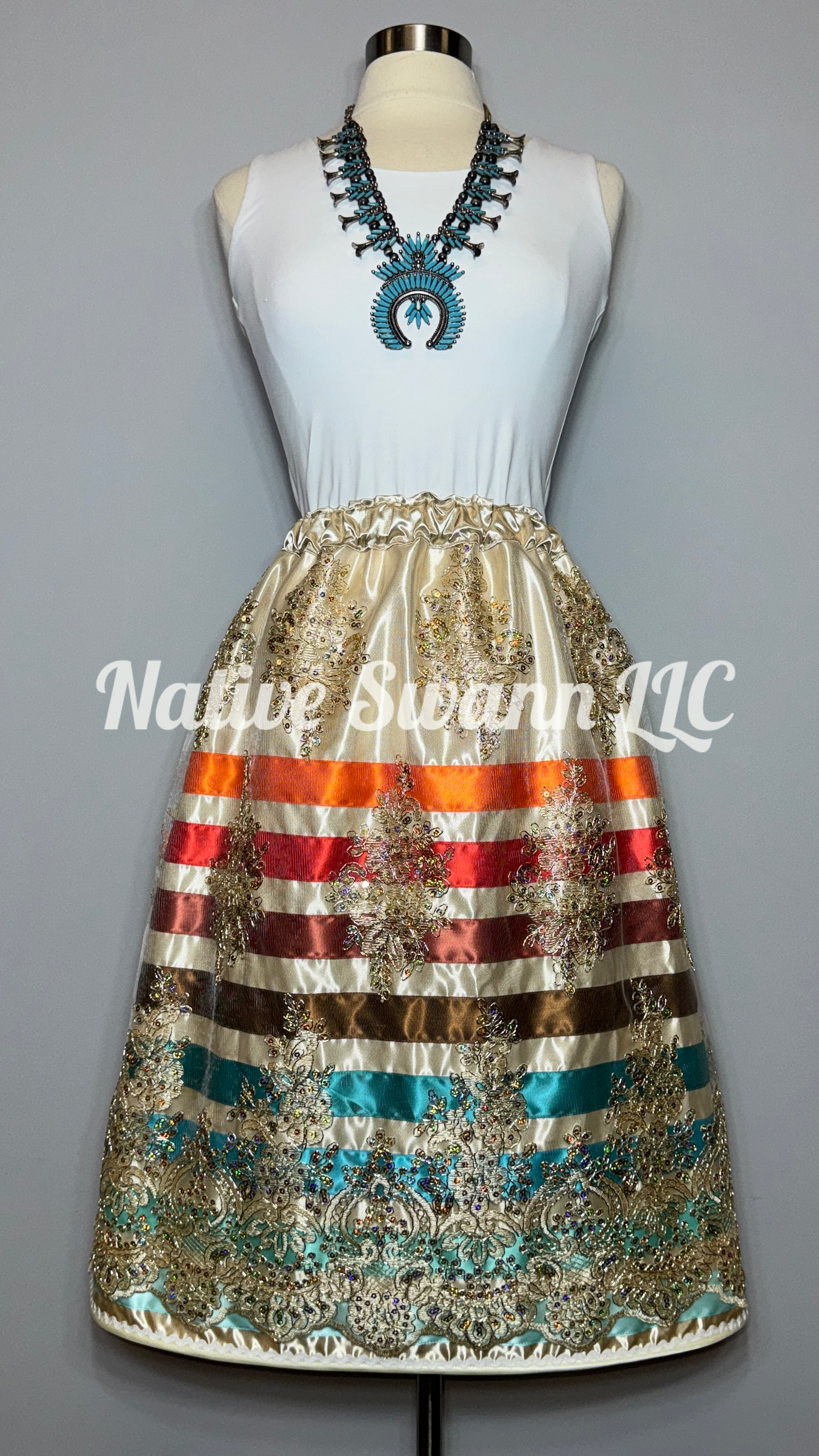 Beige Sparkling Floral Sequins Overlay Satin Ribbon Skirt