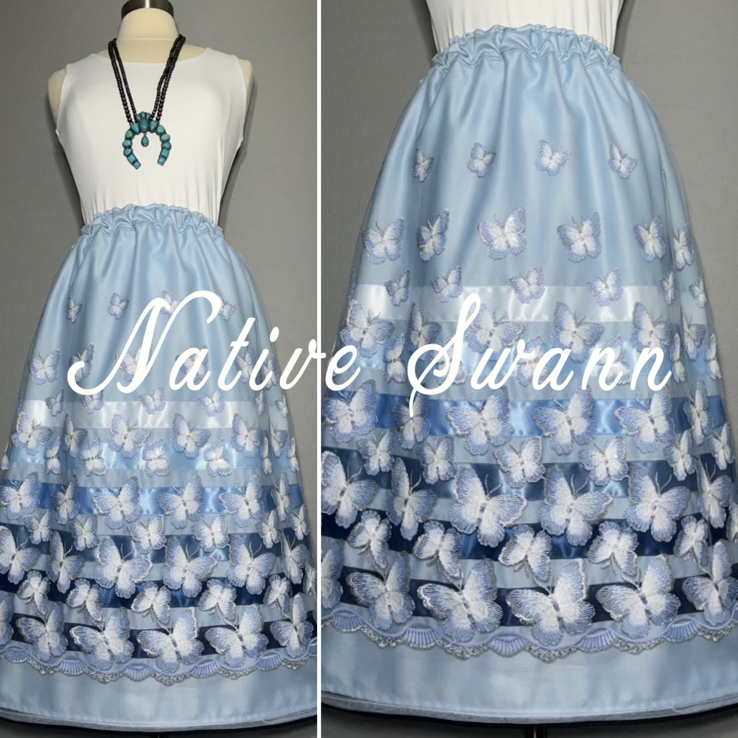 Baby Blue Butterflies Overlay Satin Ribbon Skirt