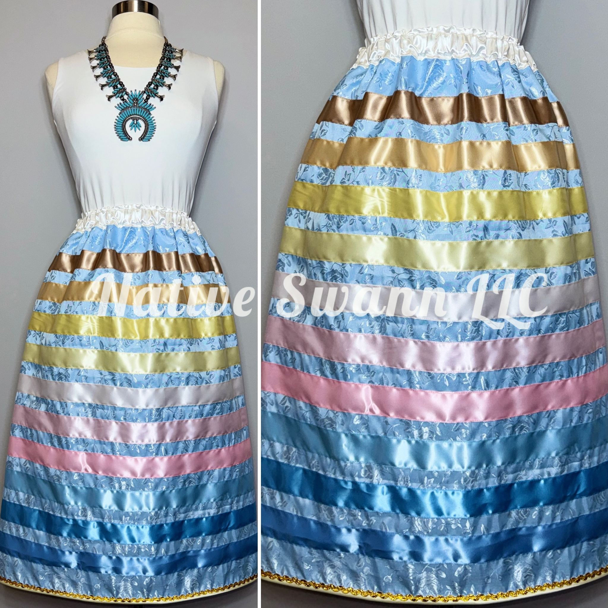 Lt. Blue Roses Satin Ribbon Skirt w/ Pockets