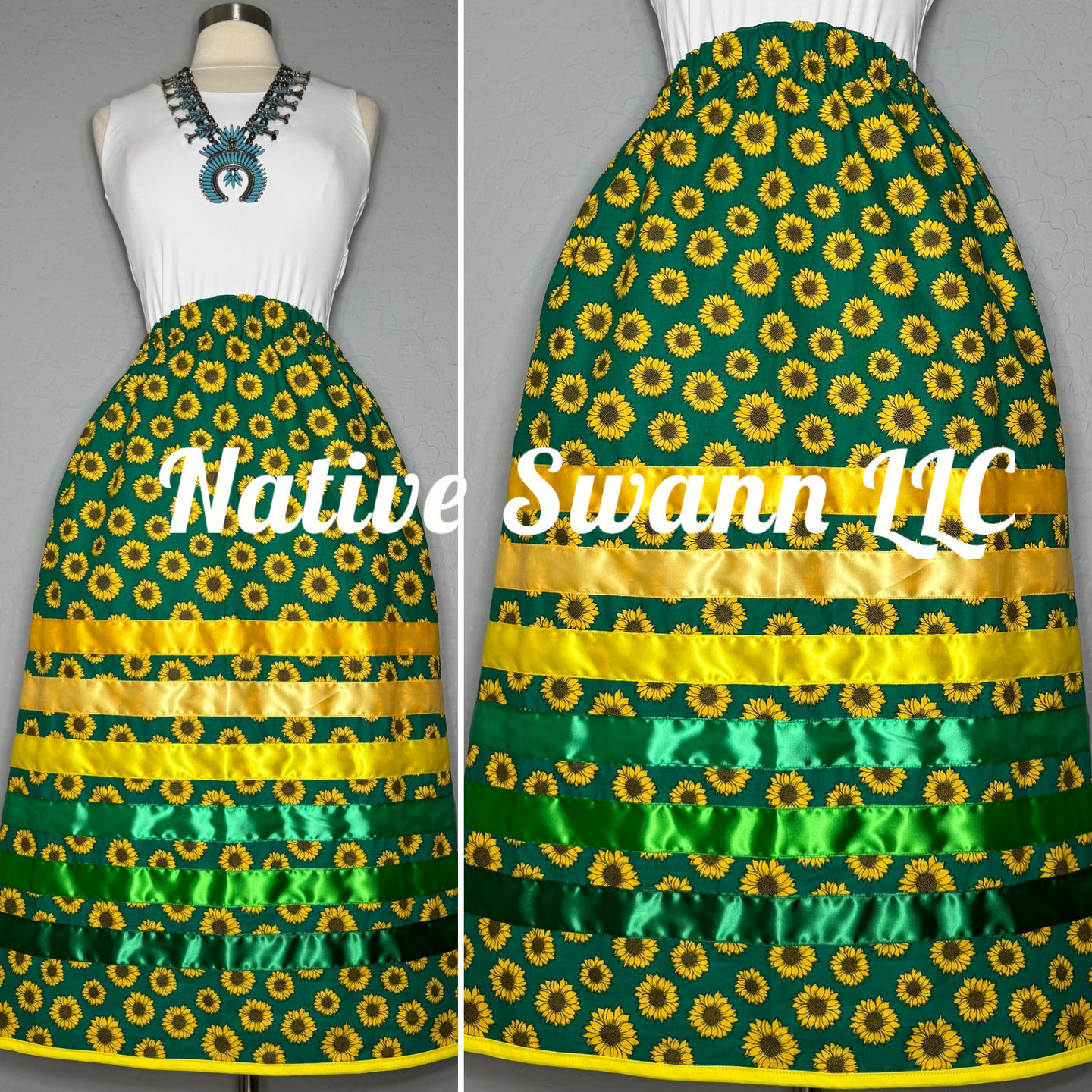 Teal-Green Sunflowers Cotton Ribbon Skirts w/ pockets