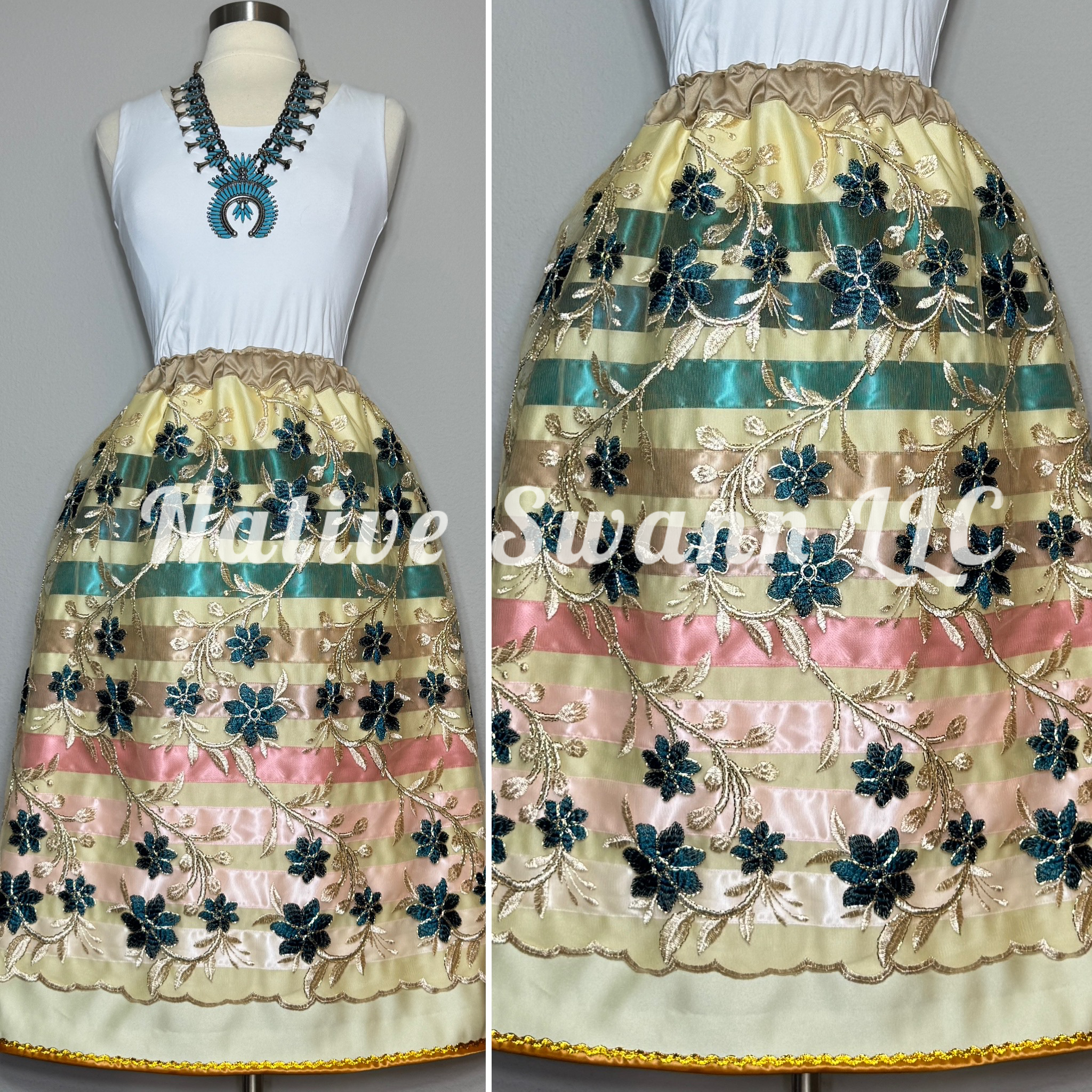 Teal-Beige Embroidered Floral Overlay Satin Ribbon Skirt
