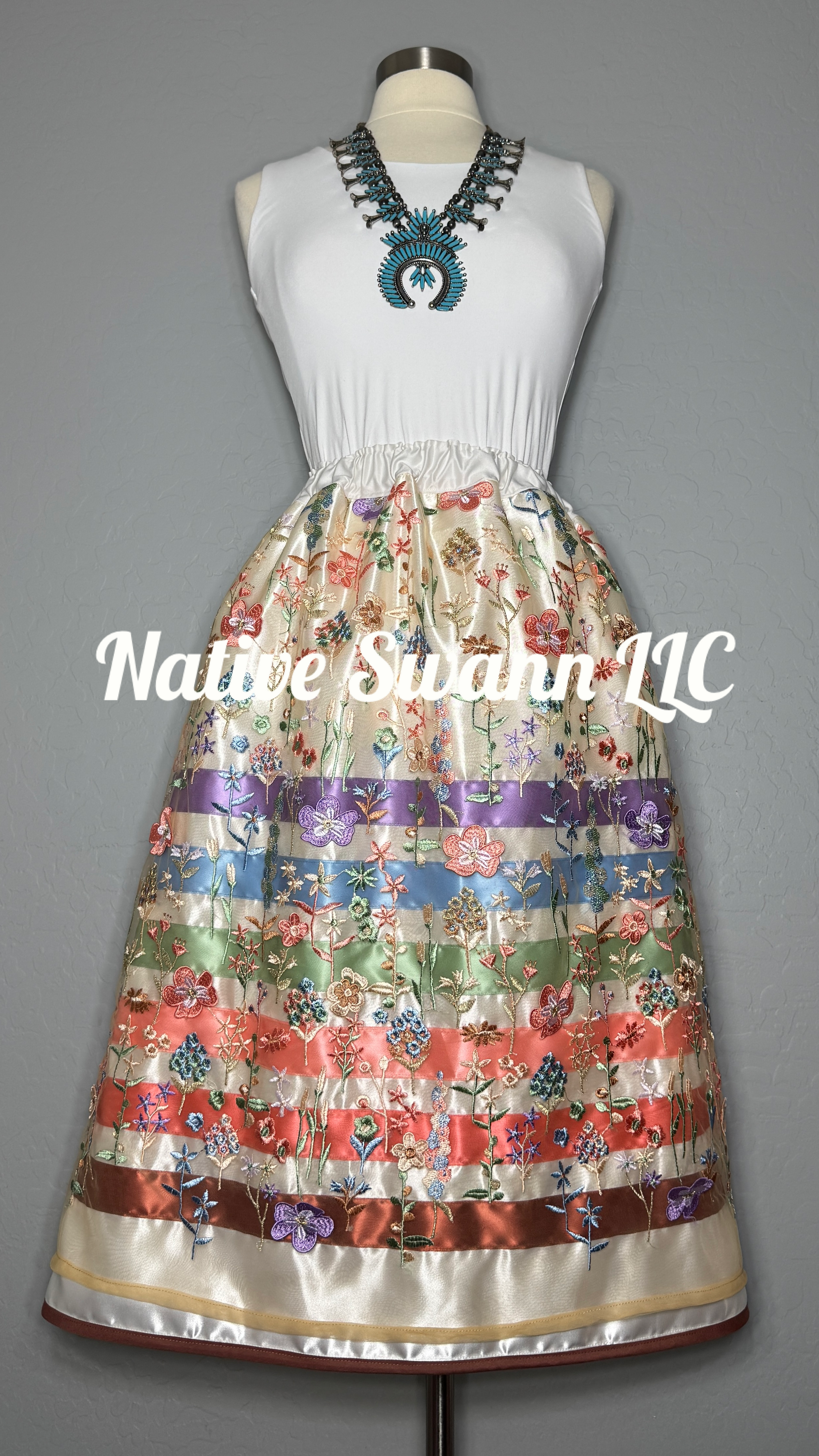 Beige Embroidered Floral Overlay Satin Ribbon Skirt