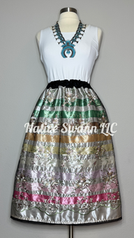 Ivory+Black/Moss Floral Overlay Satin Ribbon Skirt