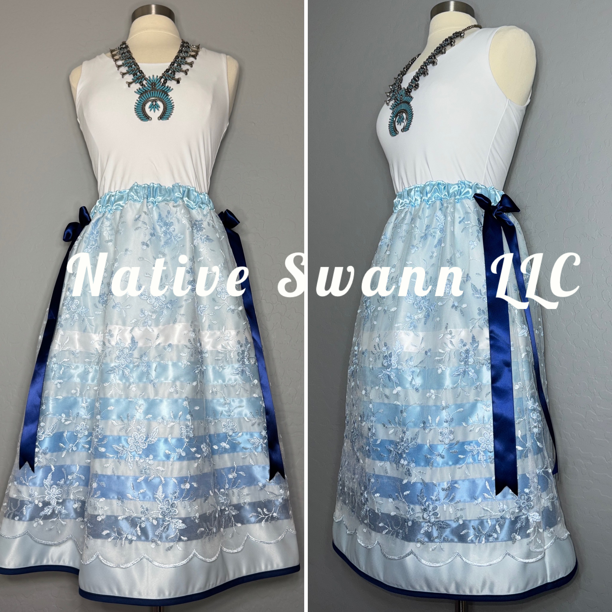 Lt Blue Embroidered Floral Overlay Satin Ribbon Skirt w/ Bows on both sides