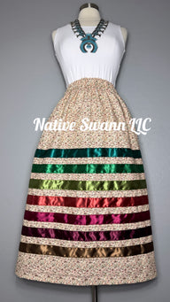 Tan-Burgundy Flowers Cotton Ribbon Skirt w/ Pockets