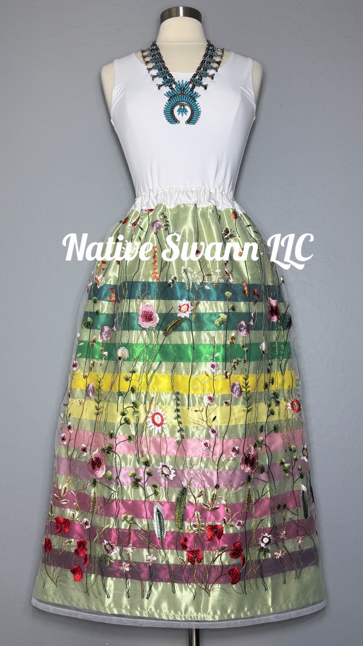 Sage Green Emb. Floral Long Overlay Satin Ribbon Skirt