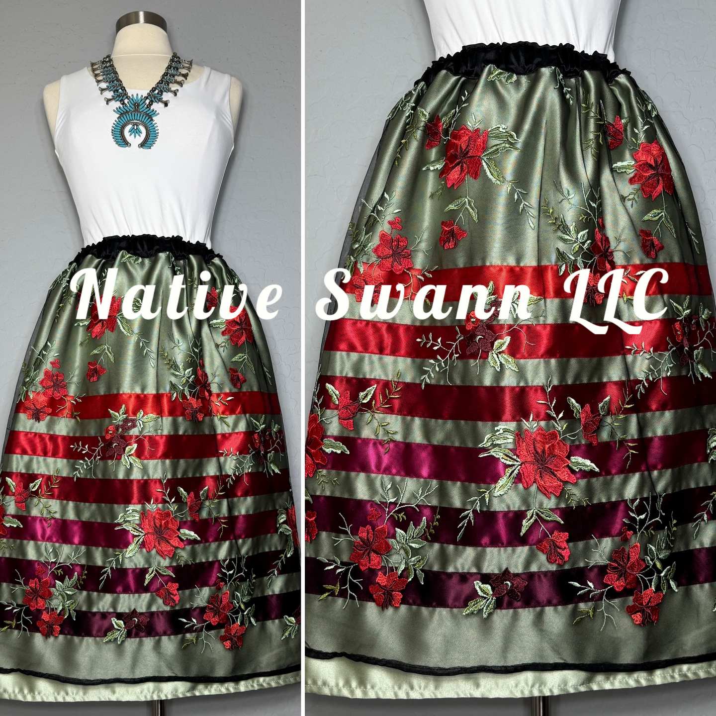 Sage Green + Red Emb. Floral Overlay Satin Ribbon Skirt