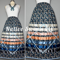 NEW Blues + Peach Flowers Cotton Ribbon Skirt w/ Pockets