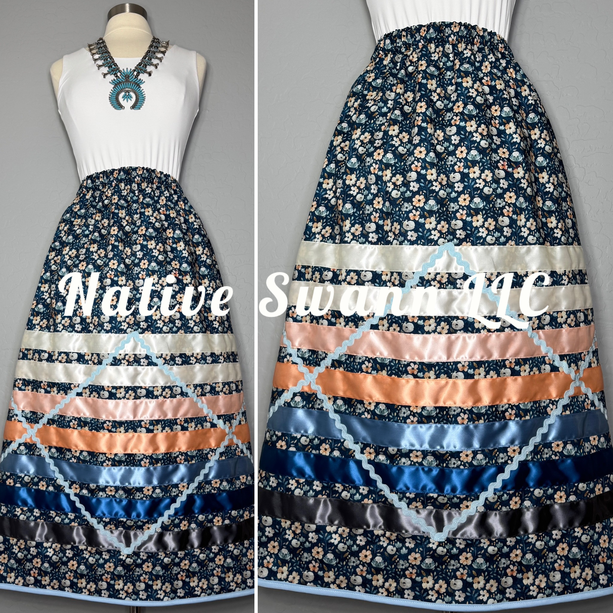 NEW Blues + Peach Flowers Cotton Ribbon Skirt w/ Pockets