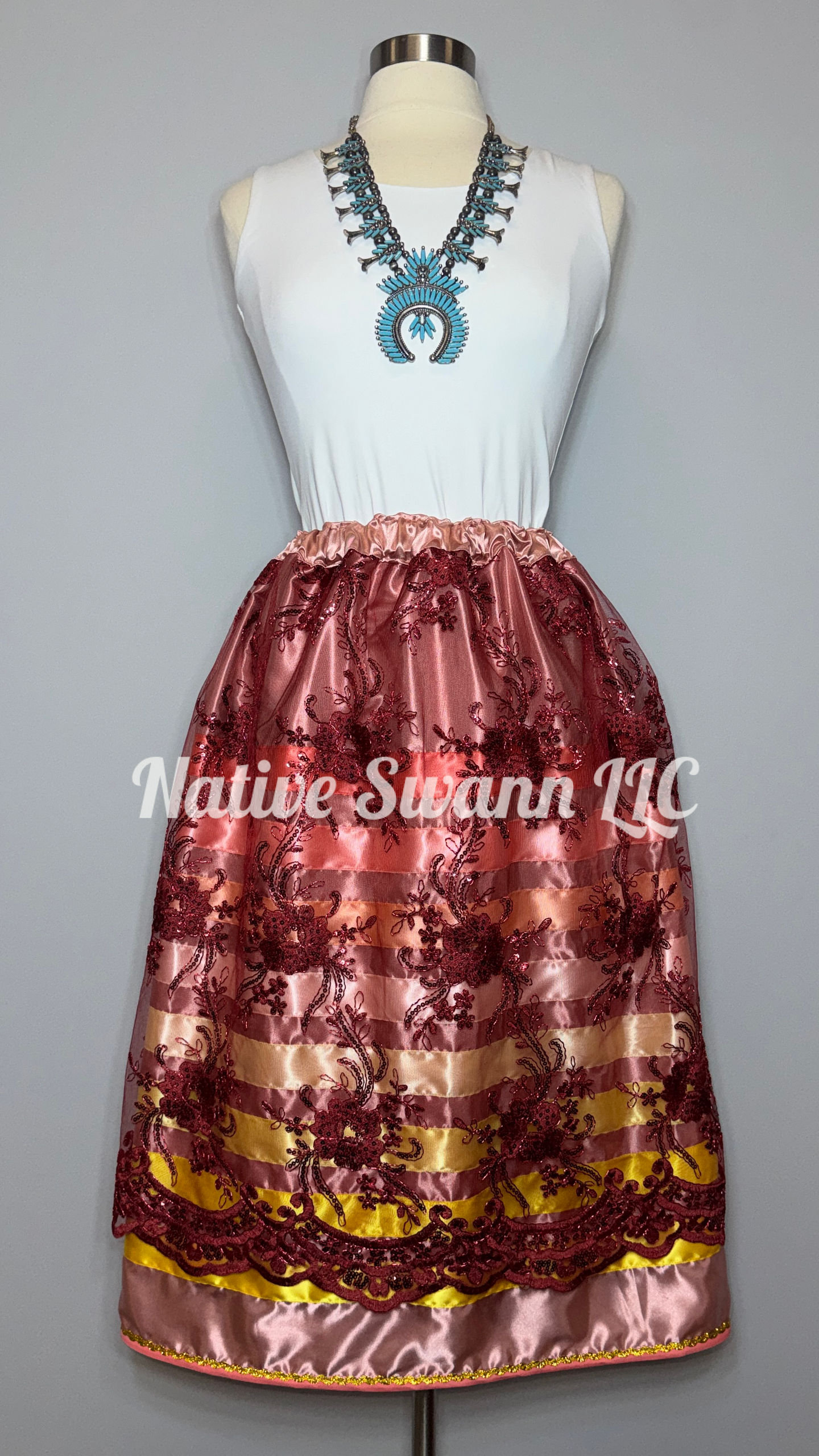 Burgundy-Mauve Floral Overlay Satin Ribbon Skirt