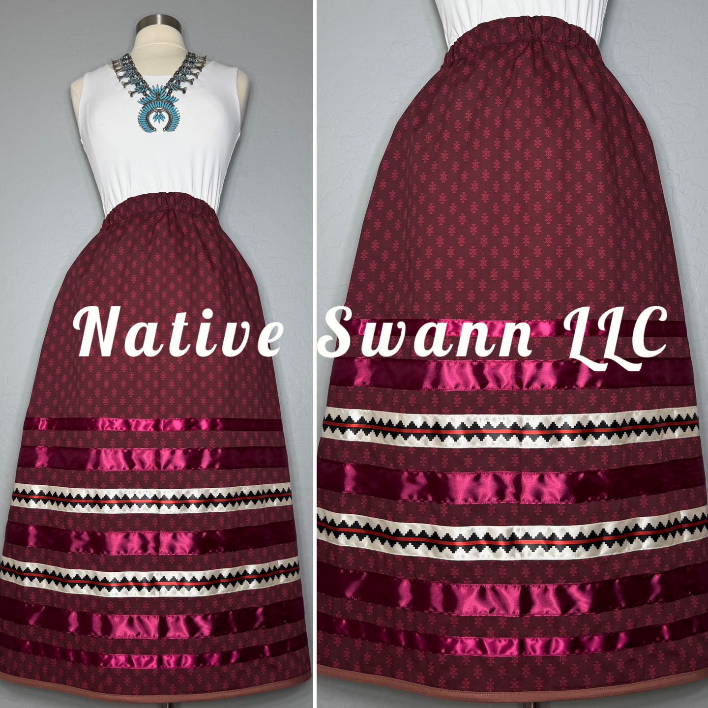 Burgundy Navajo Basket Design Cotton Ribbon Skirt w/ Pockets
