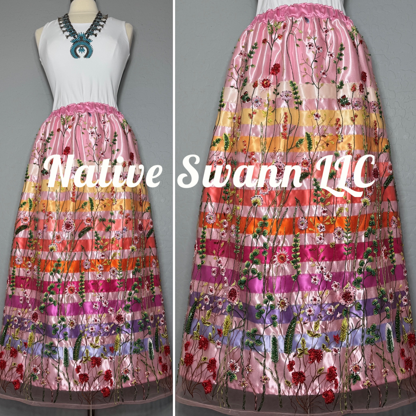 Pretty Pink Beaded+Embroidered Floral Long Overlay Satin Ribbon Skirt