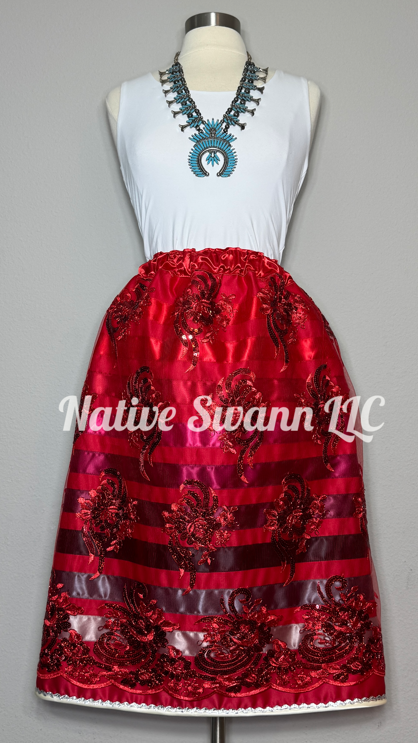 Red Florals Overlay Satin Ribbon Skirt