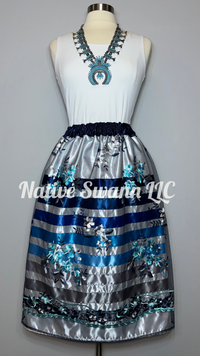 Navy Aqua Emb. Floral Overlay Satin Ribbon Skirt