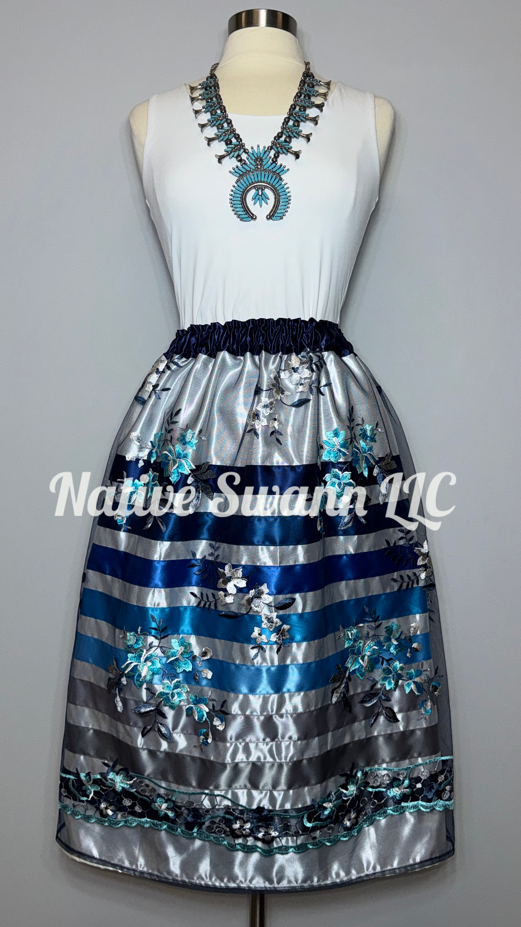 Navy Aqua Emb. Floral Overlay Satin Ribbon Skirt