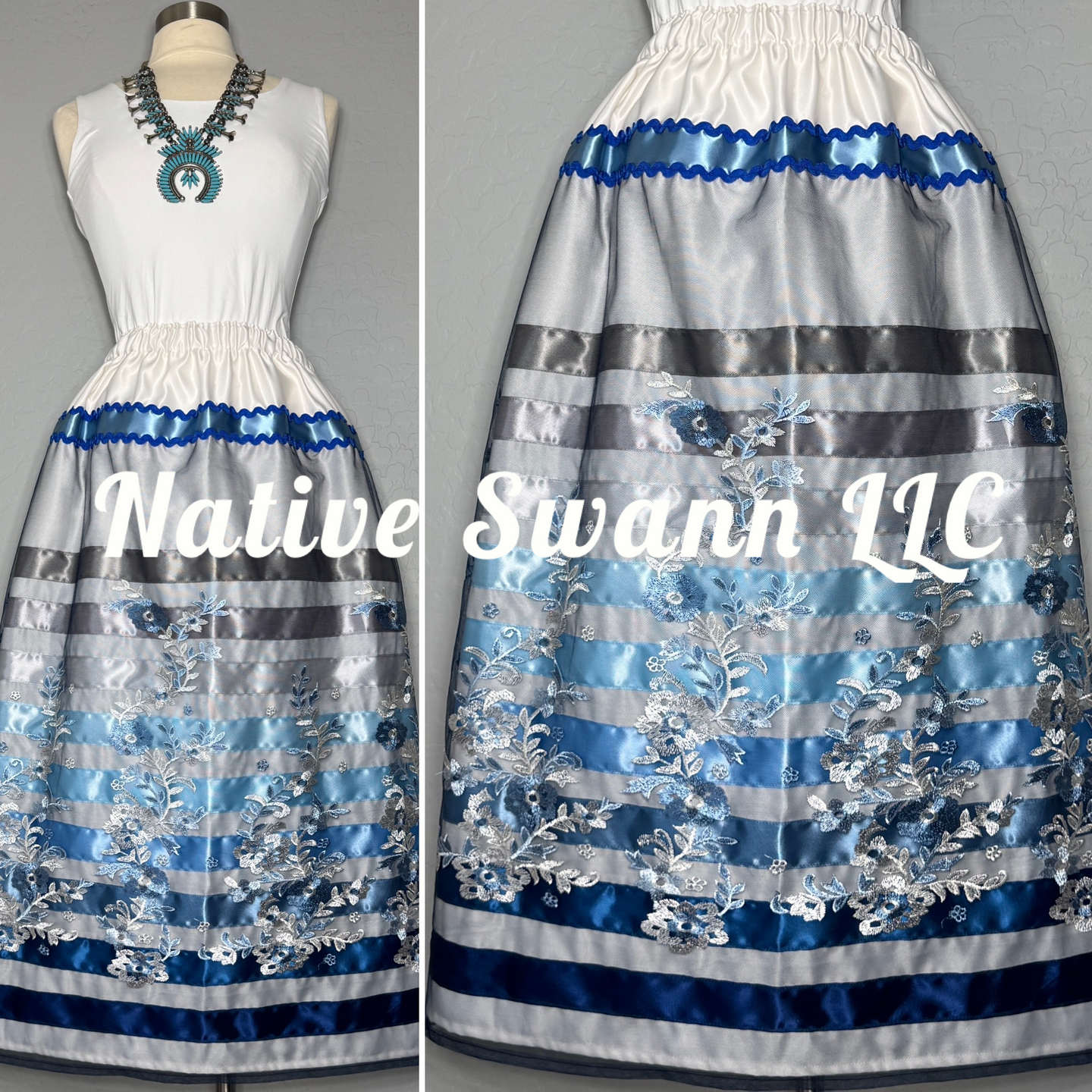 Blues Emb. Floral Long Overlay Satin Ribbon Skirt w/ Pockets