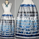 Blues Emb. Floral Long Overlay Satin Ribbon Skirt w/ Pockets