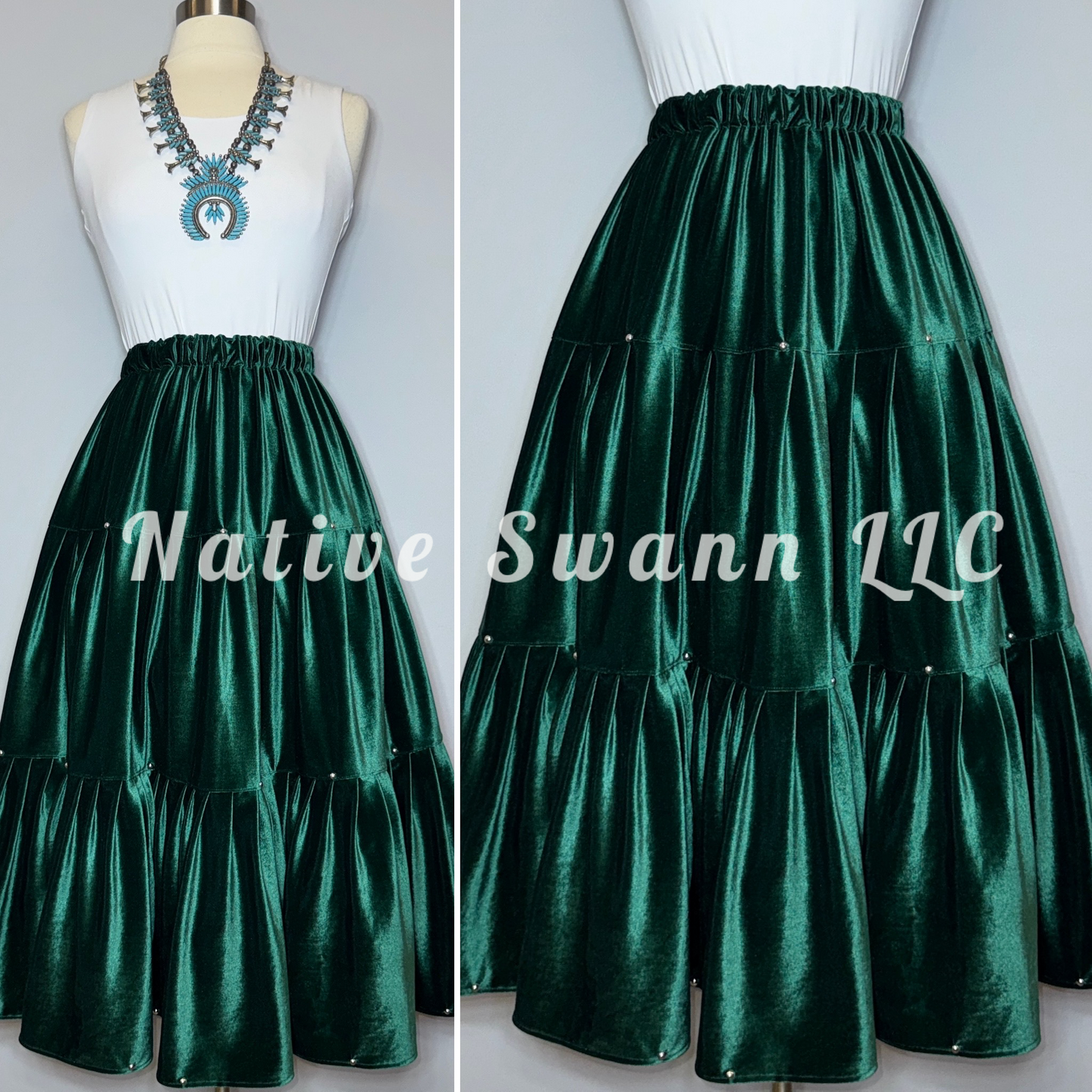 Forest Green Velvet 3 Tier Skirt w/ Silver Studs