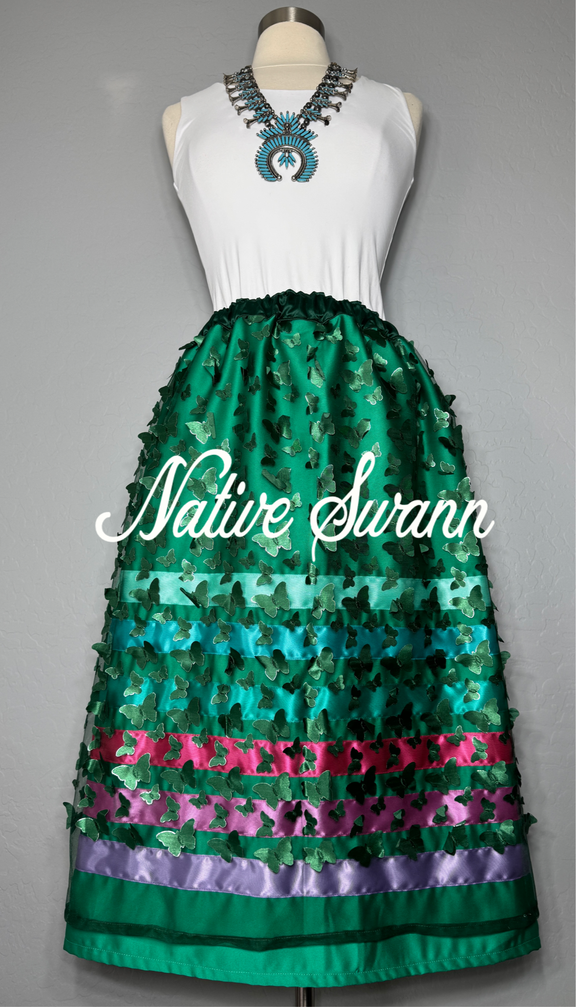 Green Hunter Butterflies Overlay Satin Ribbon Skirt