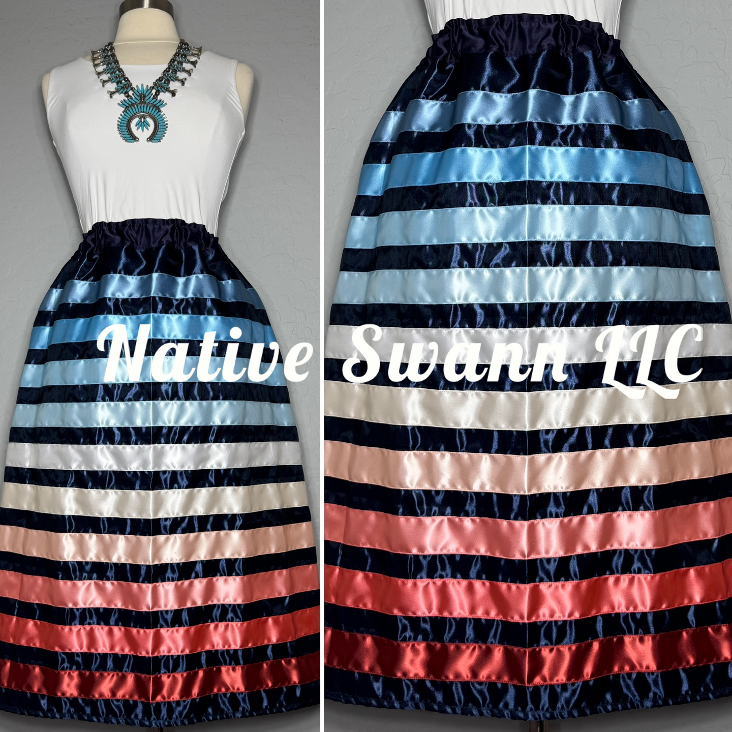 Navy Blue Satin Ribbon Skirt w/ Pockets