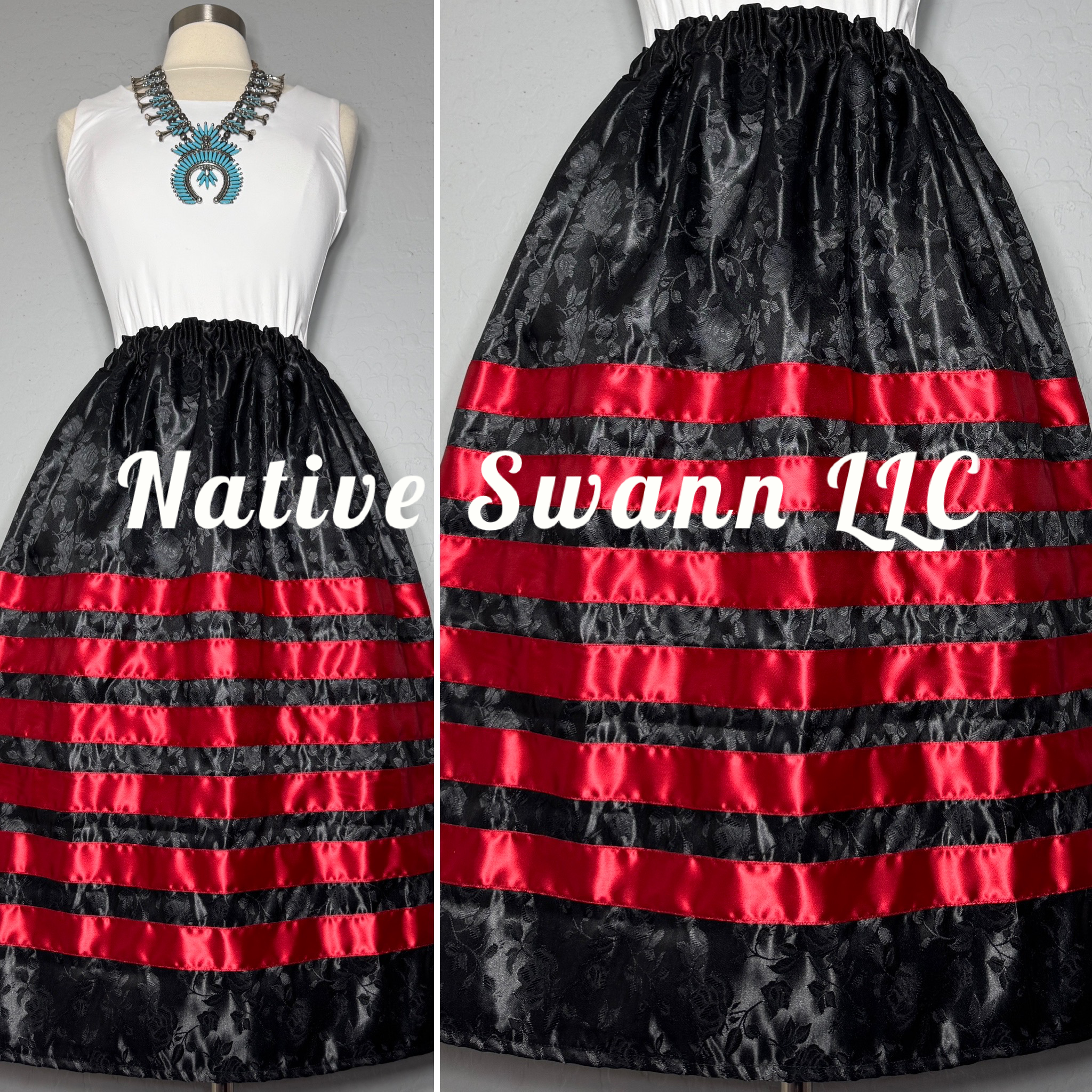 Black Roses Satin Ribbon Skirt w/ Pockets