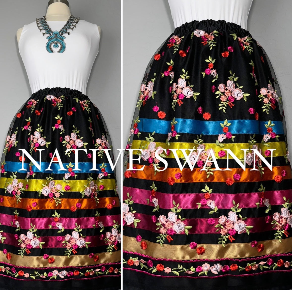 Black Embroidery Floral Overlay Satin Ribbon Skirt