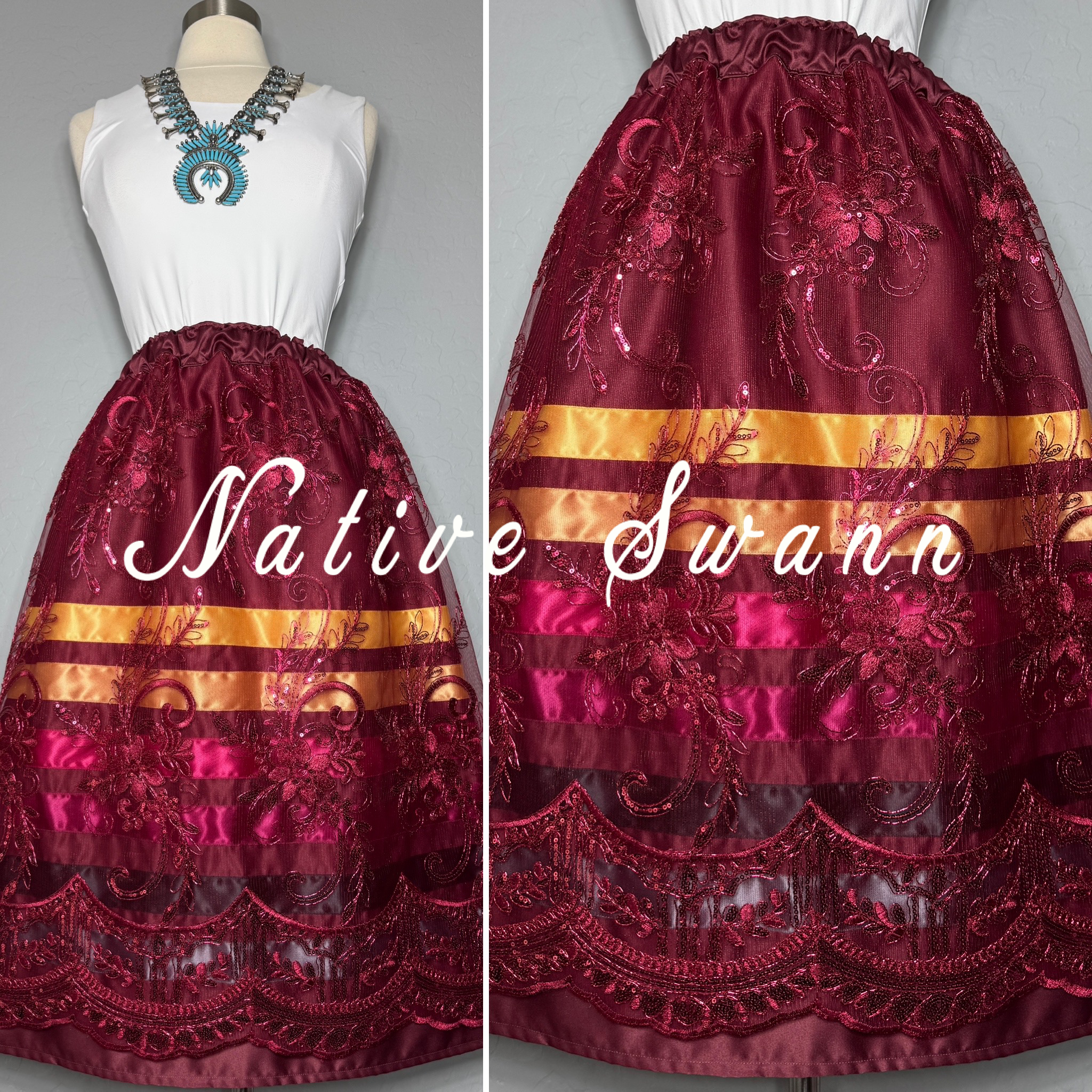 Arizona Burgundy Floral Overlay Satin Ribbon Skirt