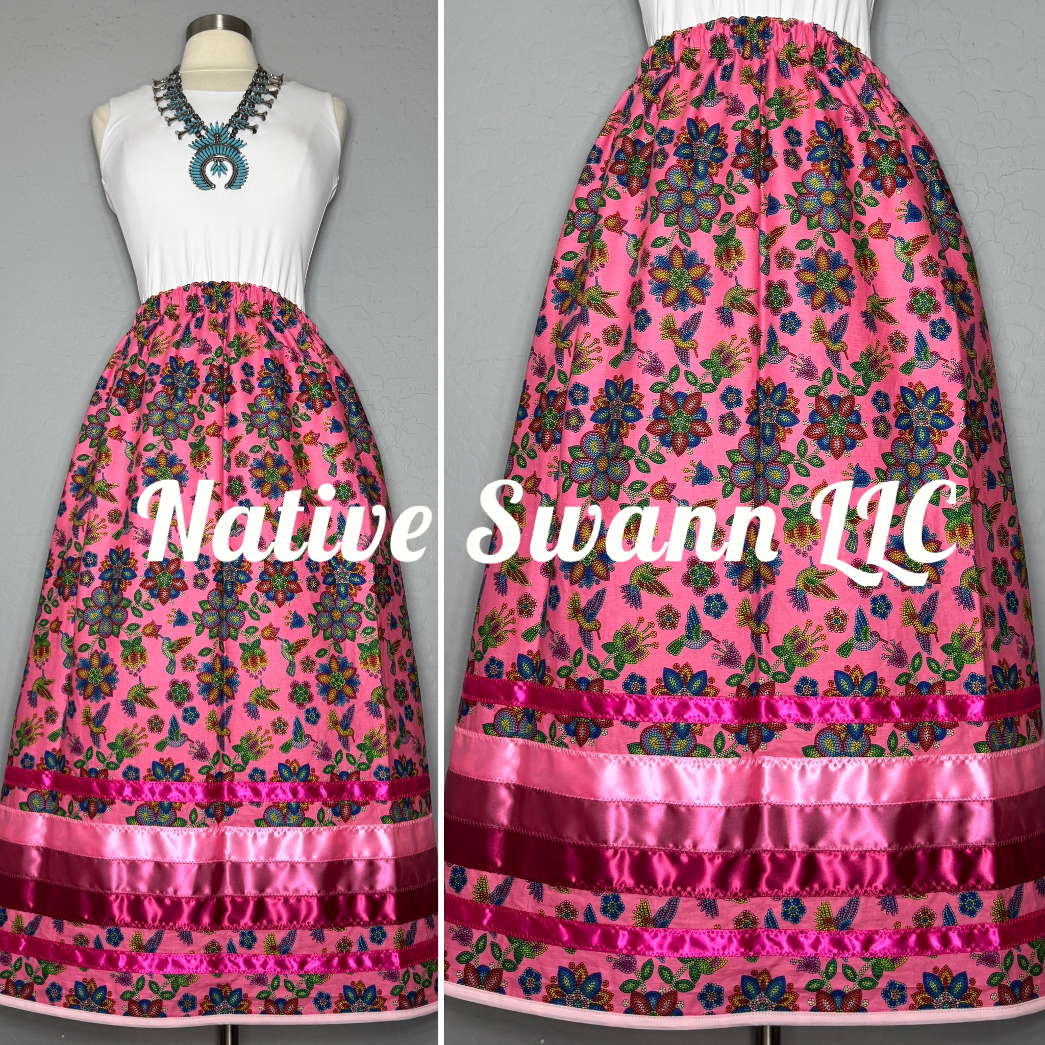 Pink Beaded Print Hummingbird Cotton Ribbon Skirt w/ pockets