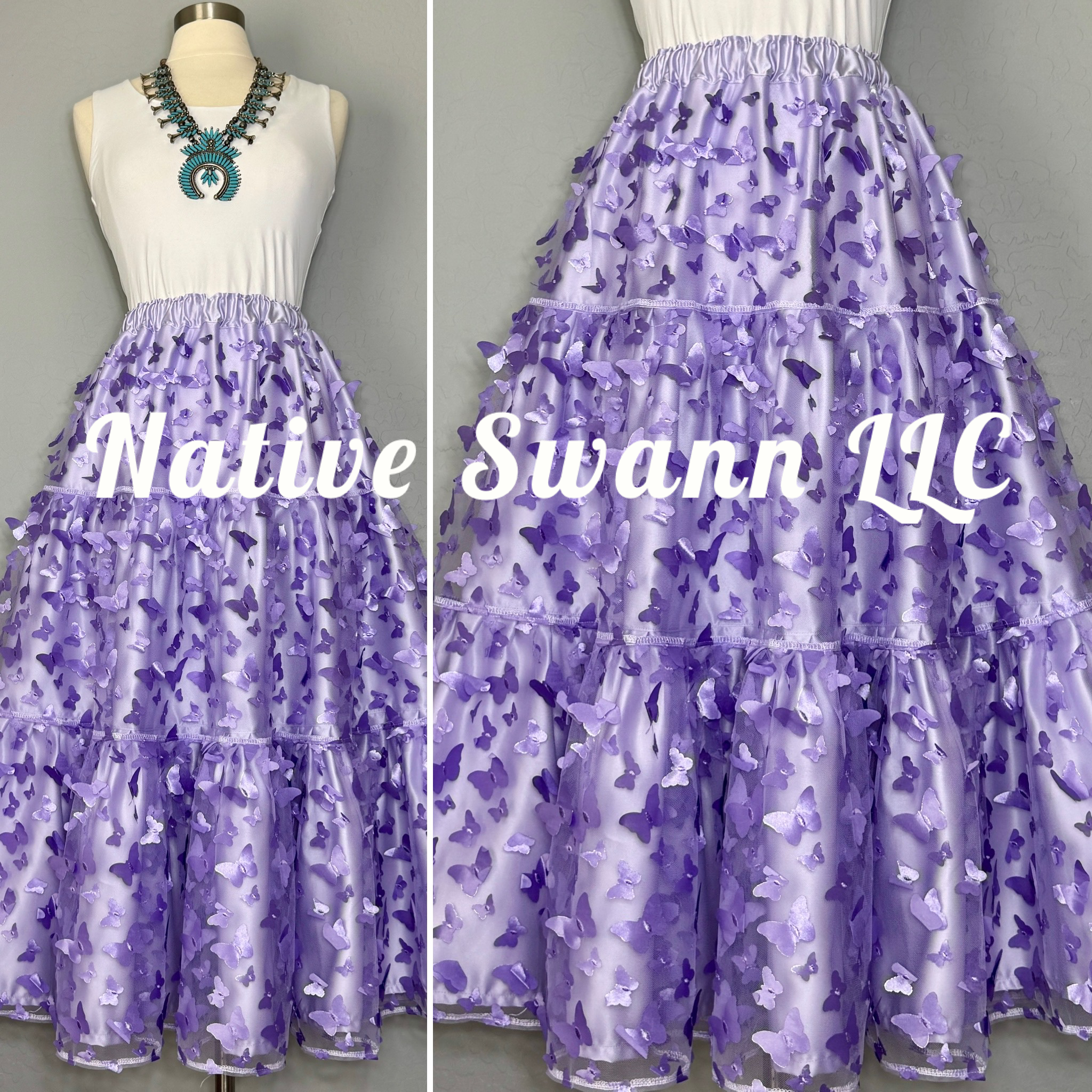 3 Tier 3D Lavender Butterflies Overlay Satin Skirt
