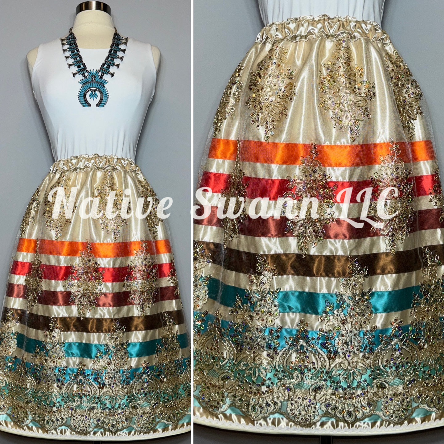 Beige Sparkling Floral Sequins Overlay Satin Ribbon Skirt