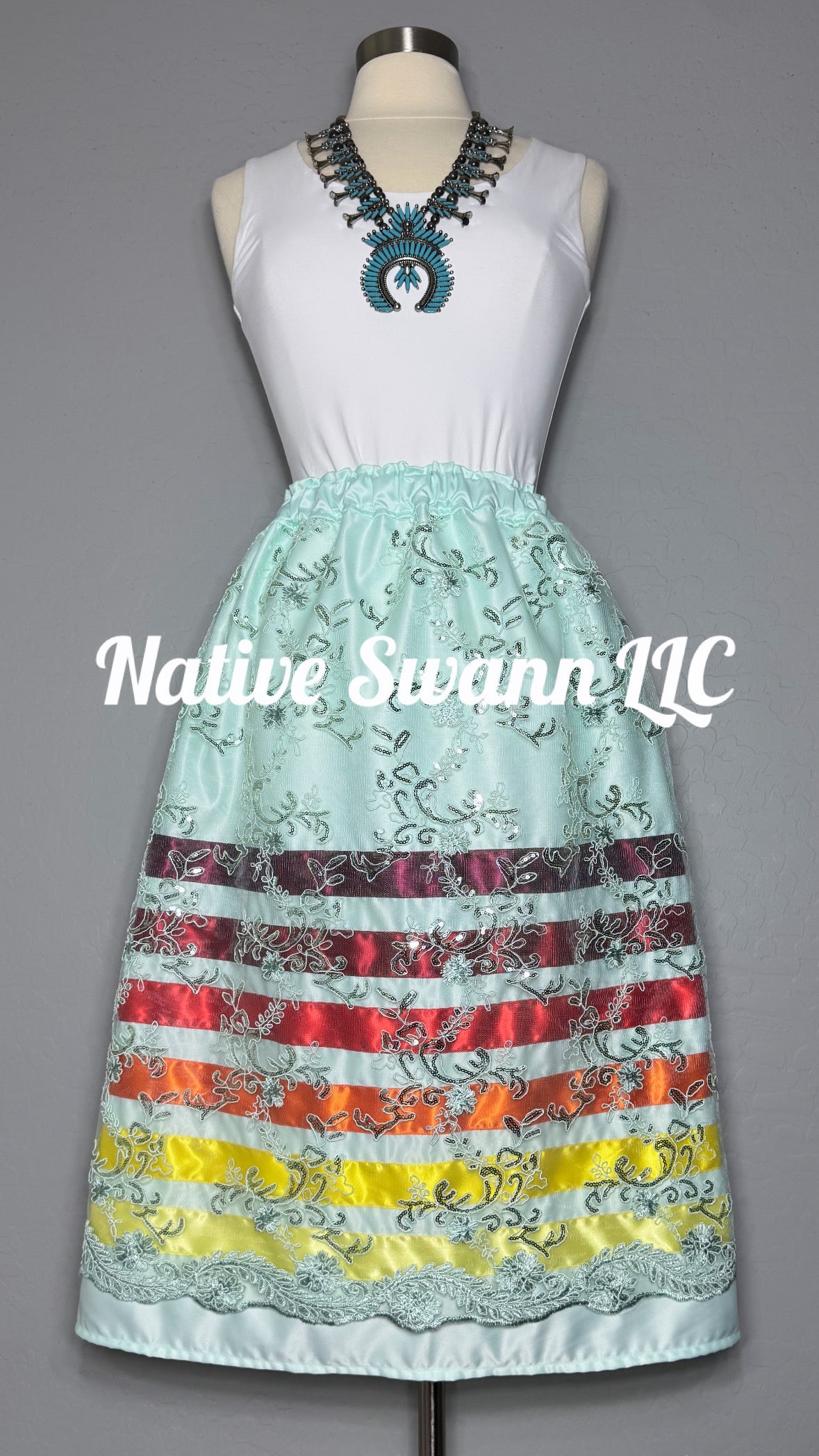 Mint Floral Overlay Satin Ribbon Skirt